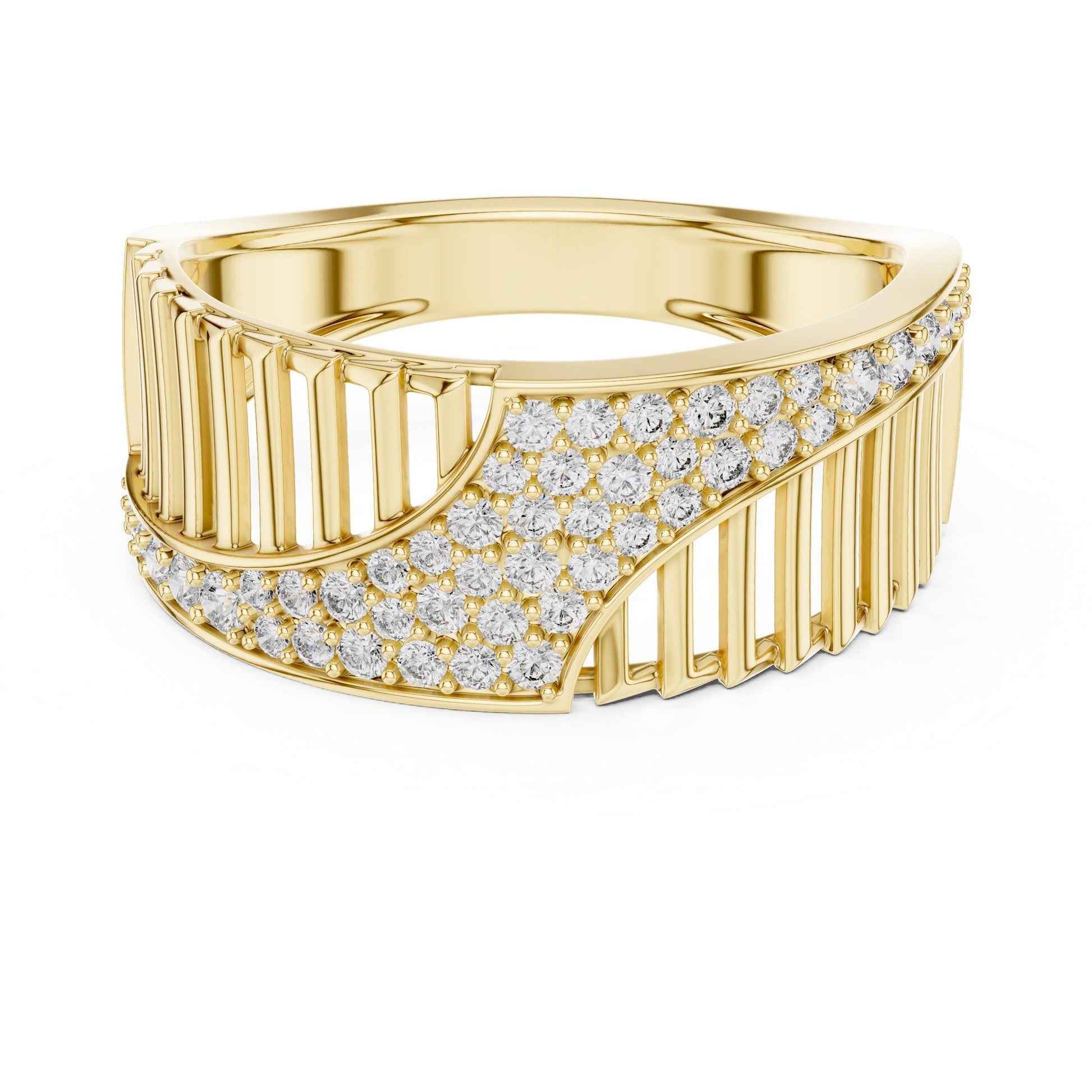 Riora curved CZ wide band ring in gold and silver, modern wedding or anniversary jewelry with statement design and sparkling gemstones.