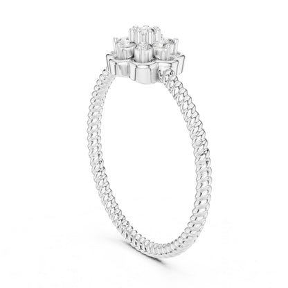 Rose gold floral moissanite diamond cluster ring with vintage flower design, ideal as an engagement or promise band.