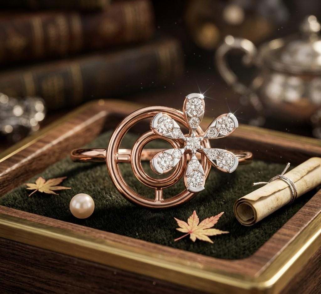 Riora moissanite flower swirl ring with floral design, vintage-inspired engagement ring in rose gold band, detailed gemstone setting