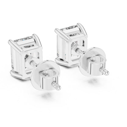 Riora emerald cut moissanite diamond stud earrings, 7.5x5.5mm, minimalist bridal jewelry for wedding or everyday luxury.