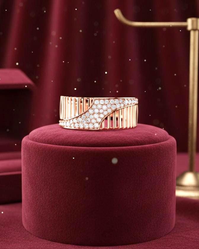 Riora curved CZ wide band ring in gold and silver, modern wedding and anniversary statement jewelry with elegant design.