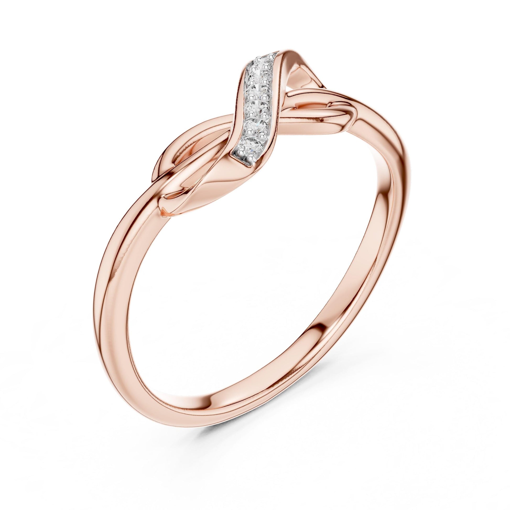 Riora infinity knot moissanite diamond ring, dainty minimalist promise band, stackable jewelry with intricate infinity knot design.