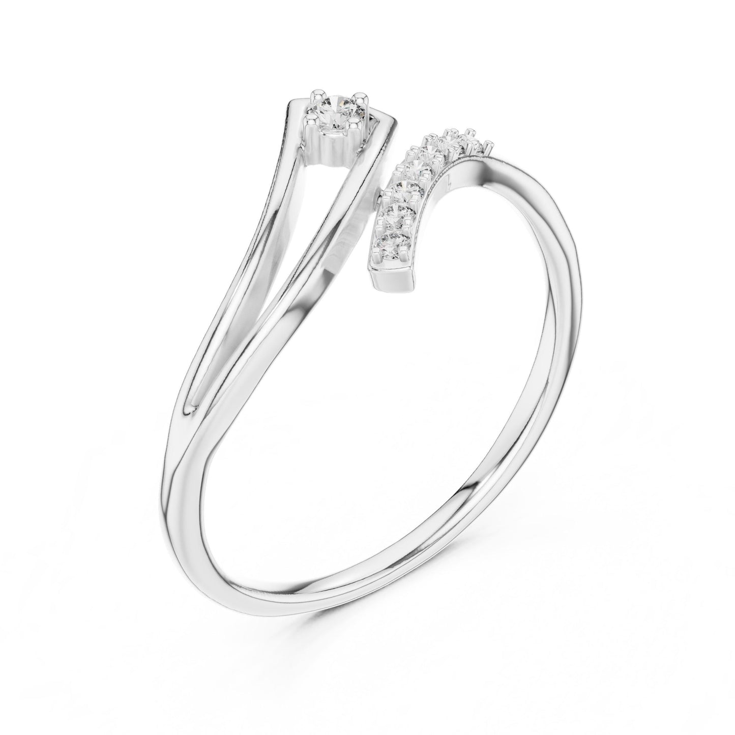 Riora Moissanite Wave Ring with curved open wrap design in silver, gold, and rose gold, featuring minimalist diamond-style detailing