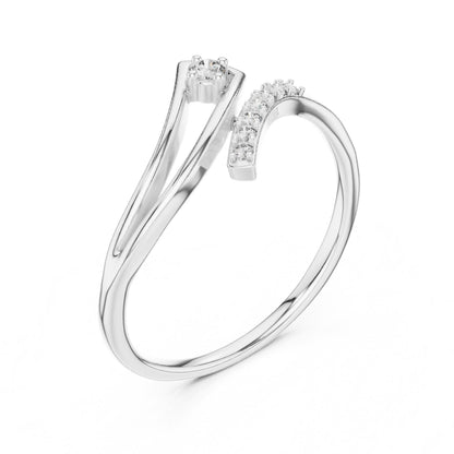 Riora Moissanite Wave Ring with curved open wrap design in silver, gold, and rose gold, featuring minimalist diamond-style detailing