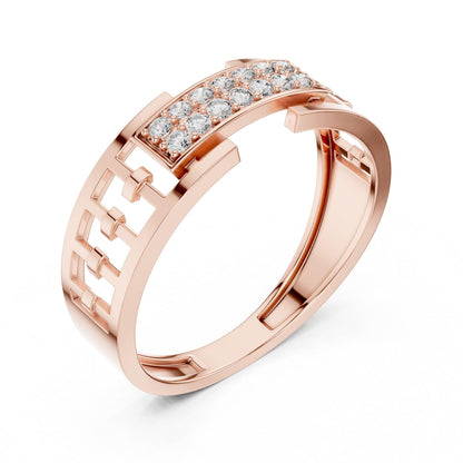 Riora wide CZ link band ring in gold, rose, and silver with hypoallergenic statement design for women’s wedding or promise jewelry.