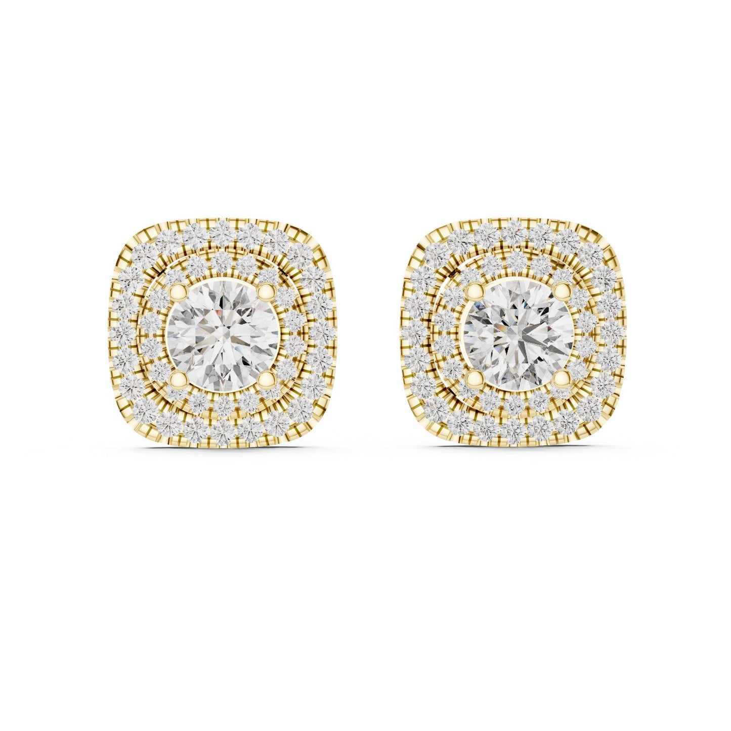 Riora Rose Gold Moissanite Diamond Stud Earrings with cushion halo design, minimalist jewelry for women and special occasions