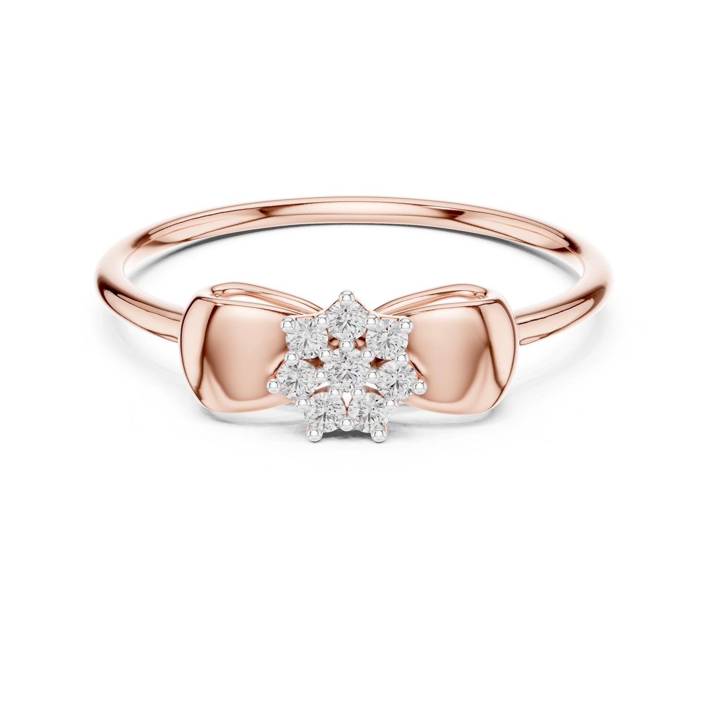 Riora Moissanite bow ring with floral cluster design, minimalist promise band, delicate bridal jewelry for special occasions