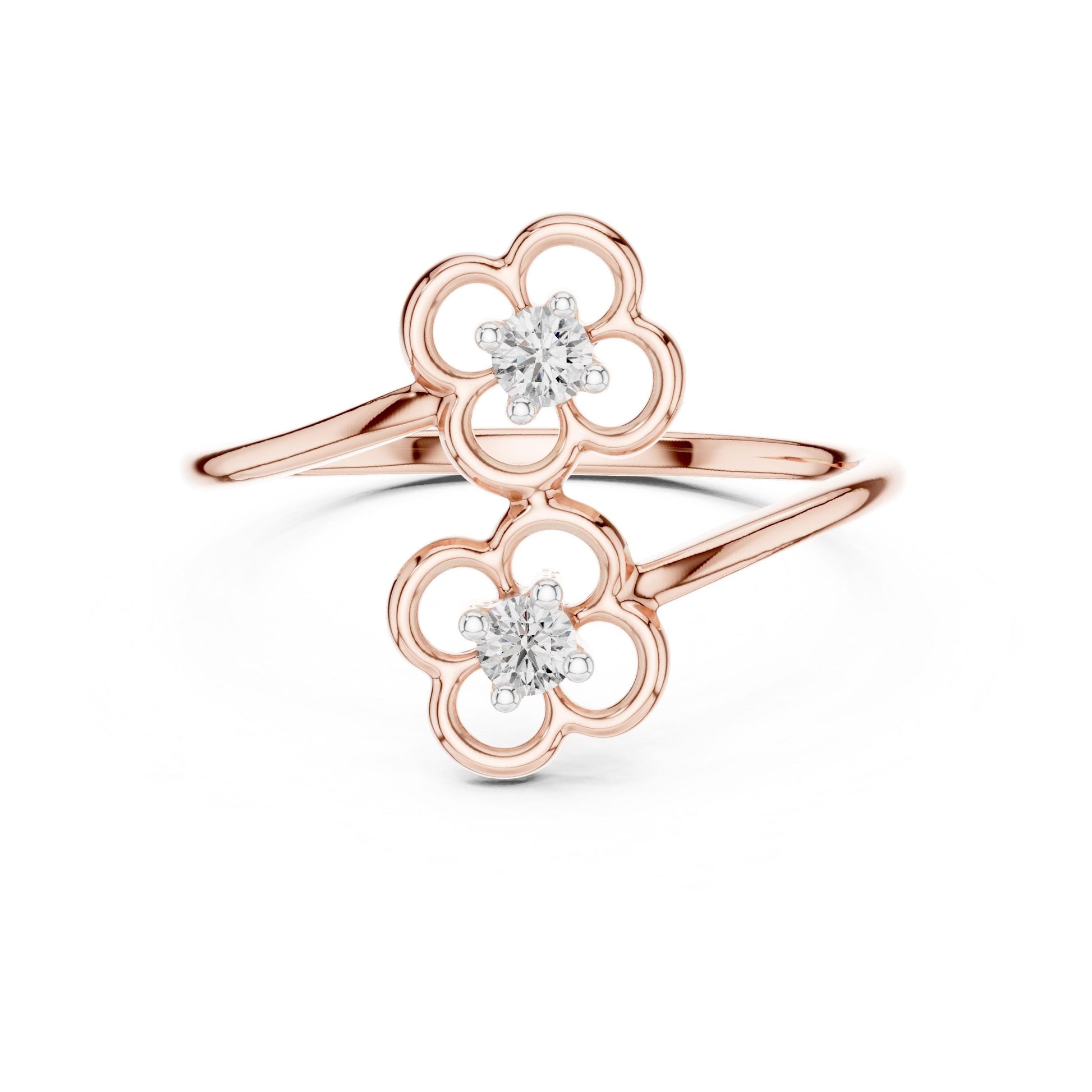 Rose gold moissanite double flower ring with open floral design and stackable style, featuring minimalist flower accents from Riora.