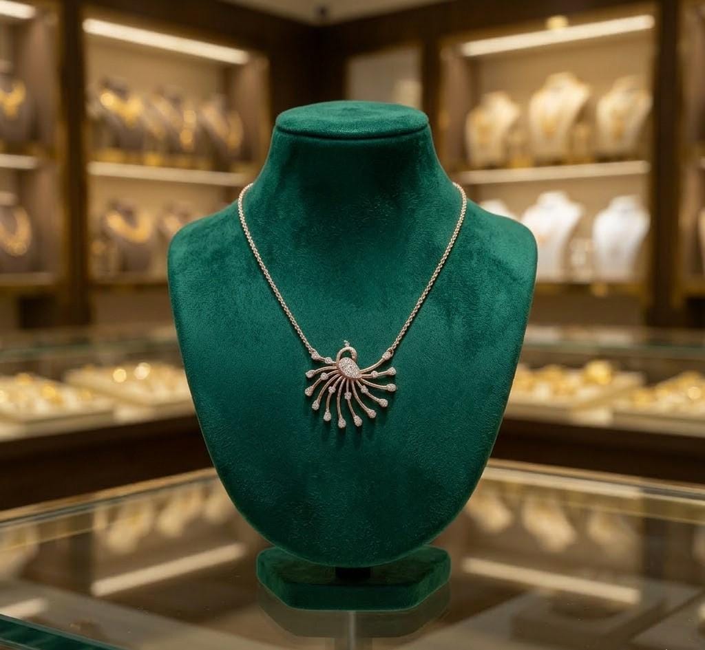 Riora Moissanite Peacock necklace with rose gold pendant, elegant bridal jewelry for weddings and special occasions