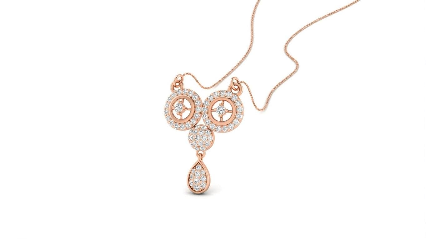 Riora moissanite circle drop necklace with rose gold silver pendant, dainty minimalist bridal jewelry on a white background.