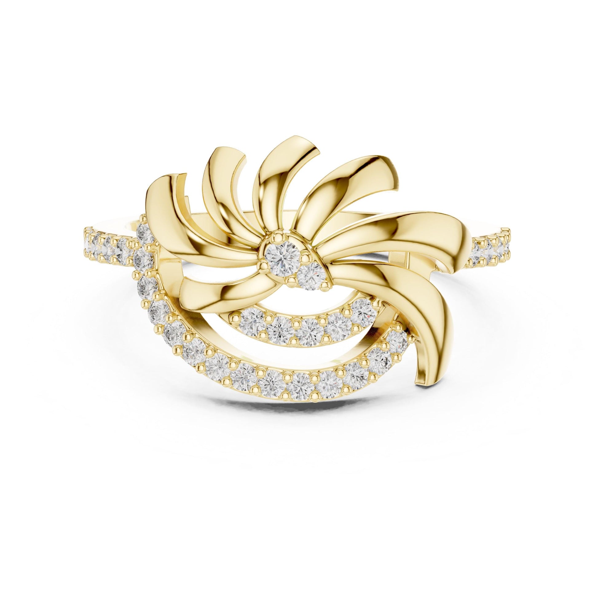 Rose gold floral swirl moissanite diamond ring with vintage leaf design, elegant engagement and promise band for women.