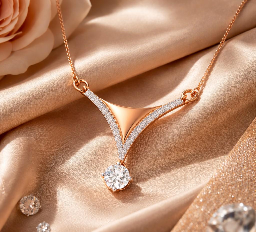 Riora Moissanite V pendant necklace in rose silver, elegant minimalist bridal jewelry with a V-shaped design, ideal for wedding gifts