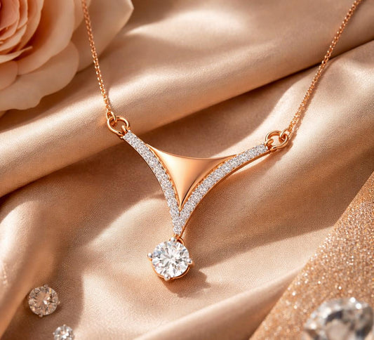 Riora Moissanite V pendant necklace in rose silver, elegant minimalist bridal jewelry with a V-shaped design, ideal for wedding gifts
