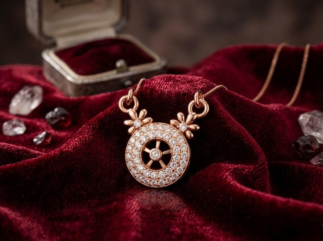 Riora Moissanite halo pendant necklace with floral design, rose gold circle charm, elegant bridal jewelry.