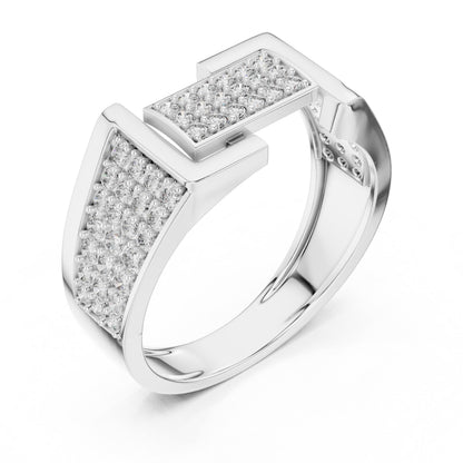 Riora geometric CZ wide gold rose band ring with statement design, suitable for wedding, anniversary, or gift occasions.
