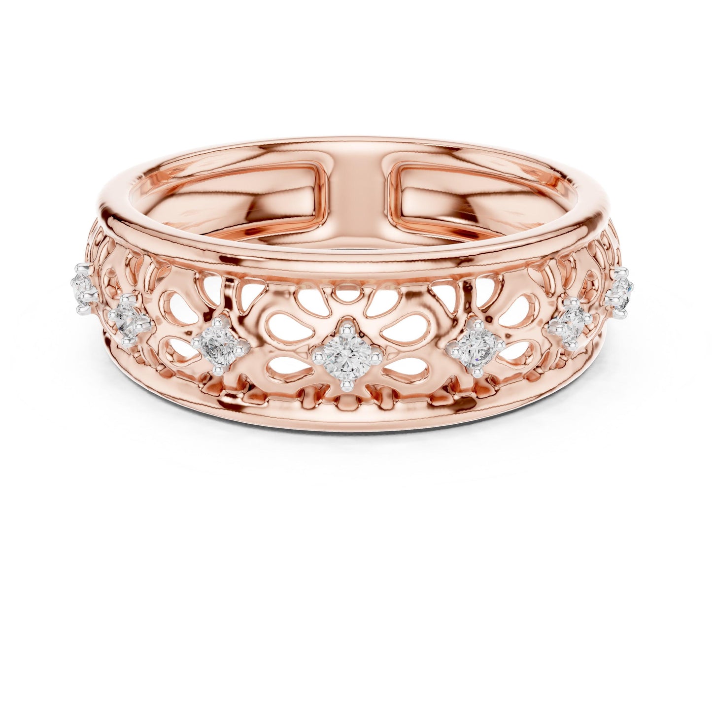 Riora vintage floral moissanite rose gold wedding band with delicate diamond-style floral design, perfect for bridal stacking.
