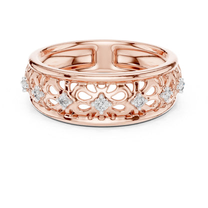 Riora vintage floral moissanite rose gold wedding band with delicate diamond-style floral design, perfect for bridal stacking.