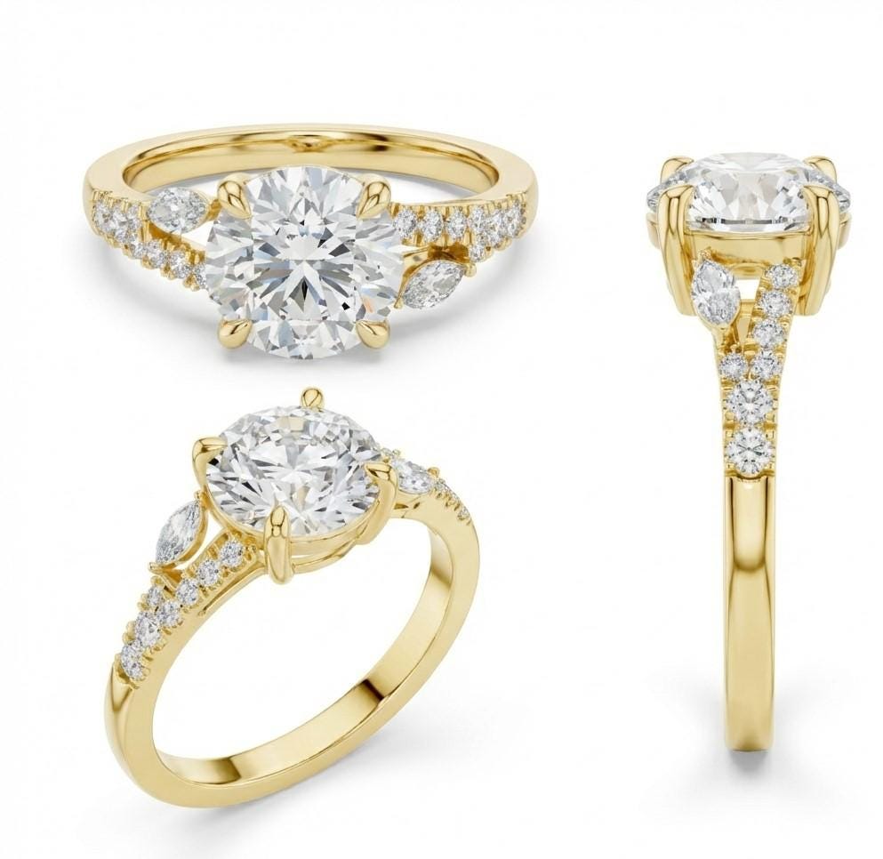 Rose gold and silver luxury engagement ring by Riora featuring a romantic, nickel-free bridal design with sparkling gemstones.