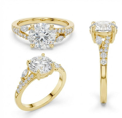 Rose gold and silver luxury engagement ring by Riora featuring a romantic, nickel-free bridal design with sparkling gemstones.