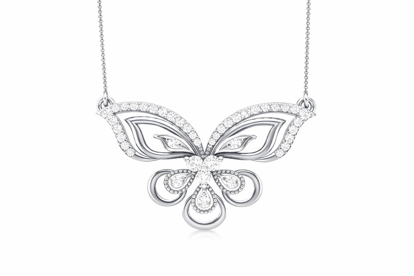 Rose gold butterfly moissanite necklace with an elegant pendant on an adjustable chain, ideal for bridal or luxury jewelry.