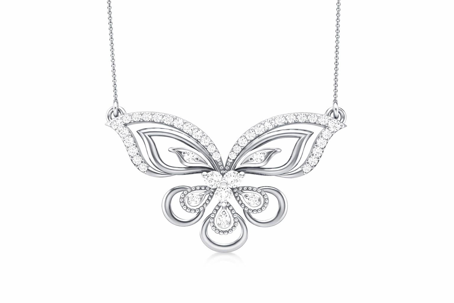 Rose gold butterfly moissanite necklace with an elegant pendant on an adjustable chain, ideal for bridal or luxury jewelry.