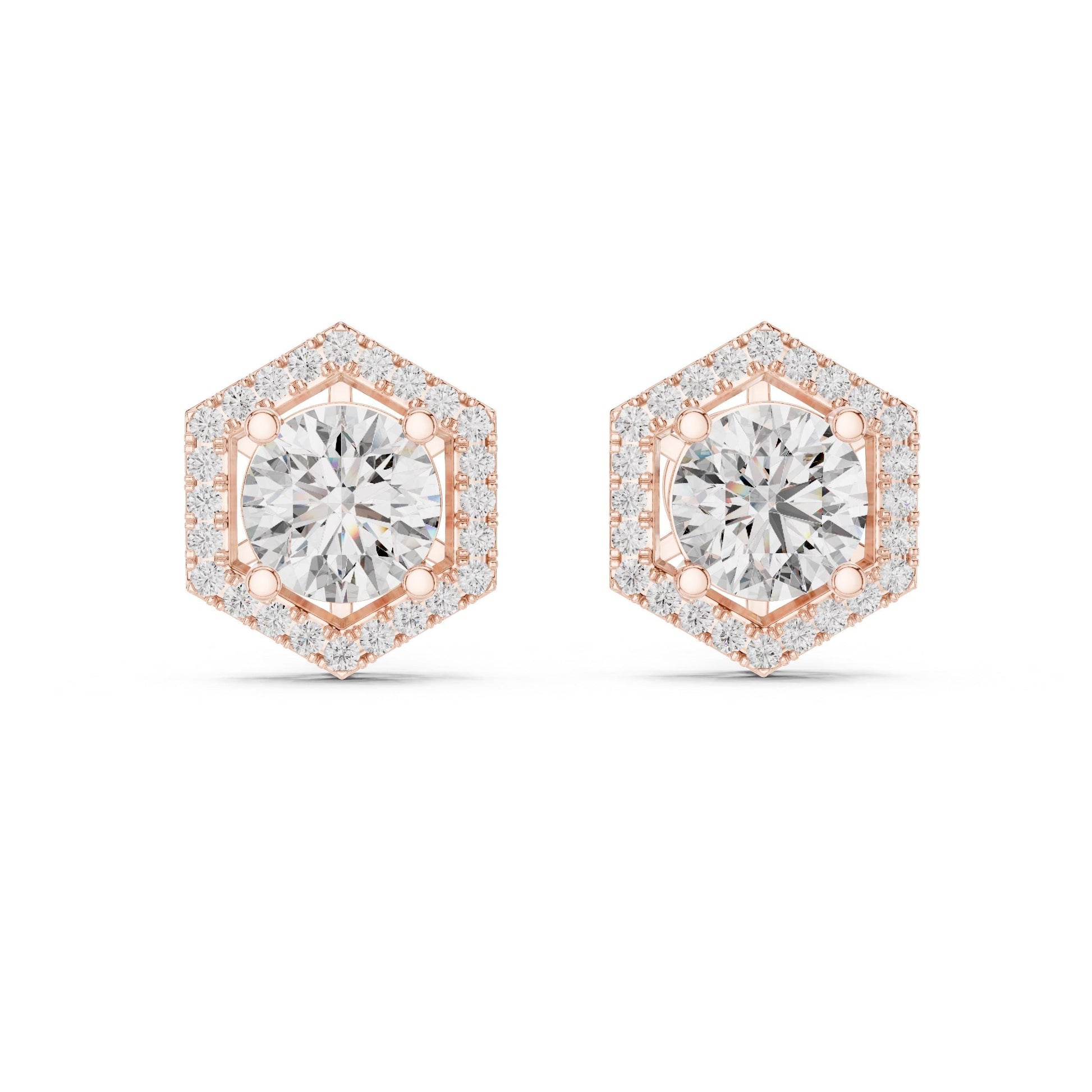 Rose gold and silver hexagon moissanite diamond stud earrings by Riora, minimalist geometric dainty jewelry for women.