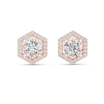 Rose gold and silver hexagon moissanite diamond stud earrings by Riora, minimalist geometric dainty jewelry for women.