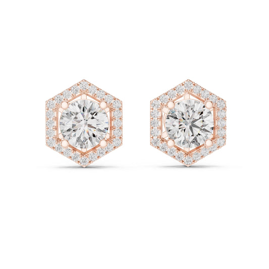 Rose gold and silver hexagon moissanite diamond stud earrings by Riora, minimalist geometric dainty jewelry for women.