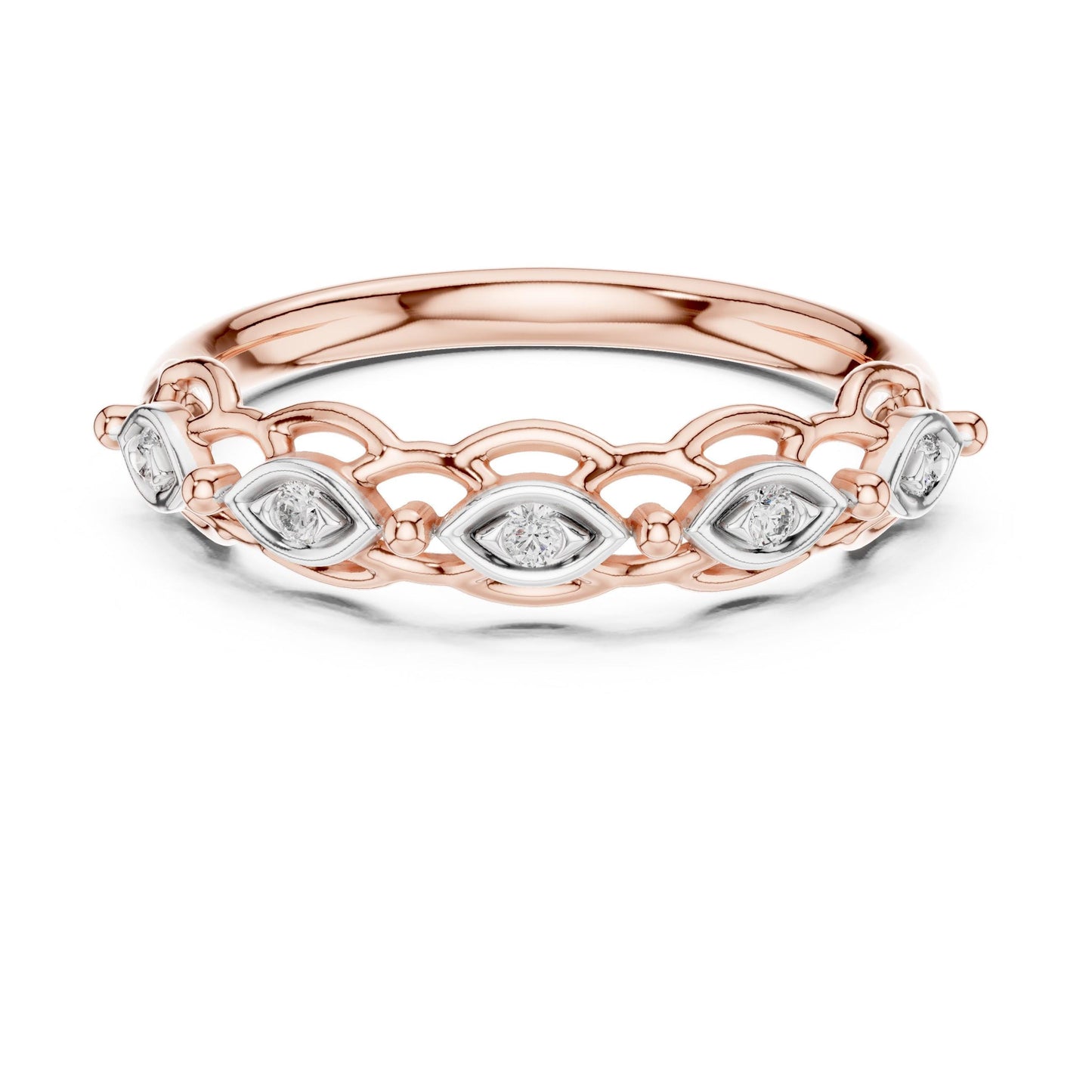 Vintage moissanite wedding band with marquise diamond style, art deco design, minimalist rose gold ring by Riora.