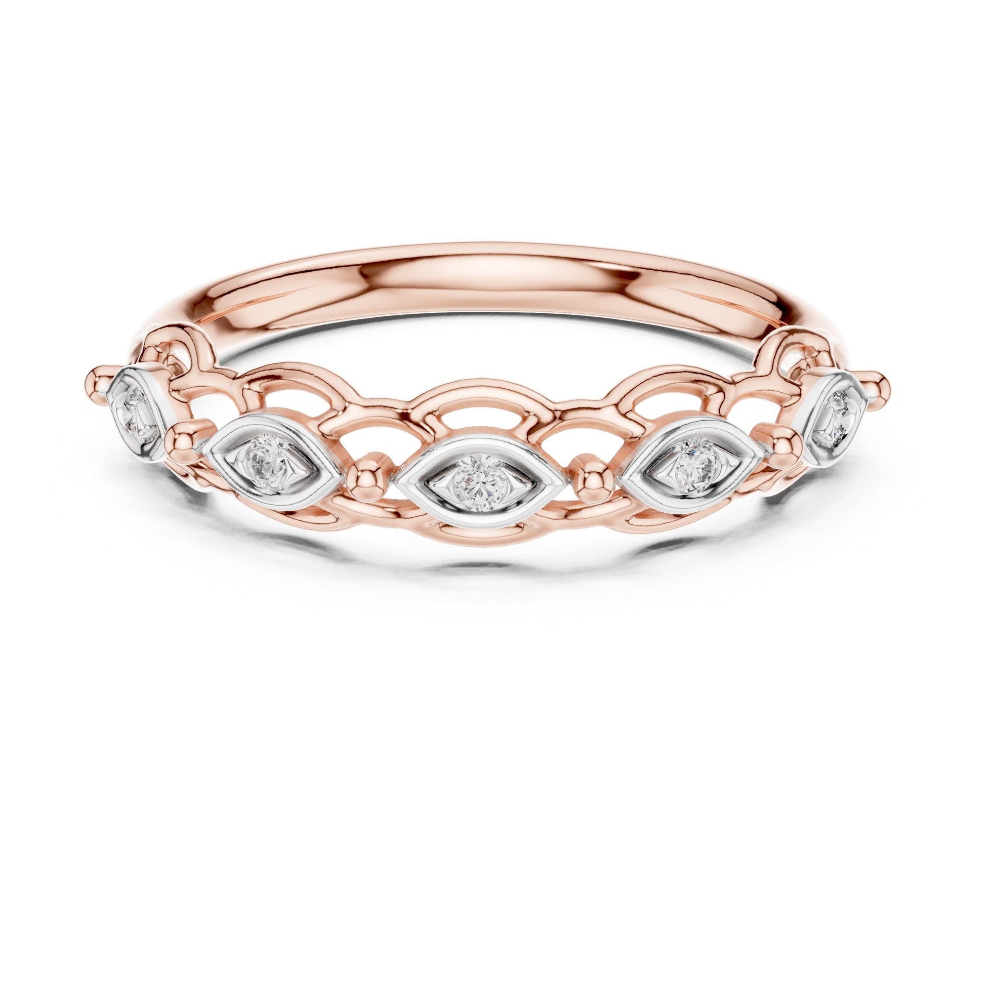 Vintage moissanite wedding band with marquise diamond style, art deco design, minimalist rose gold ring by Riora.