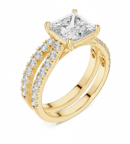 Riora princess cut moissanite diamond engagement ring set with halo and wedding promise band, bridal jewelry for special occasions