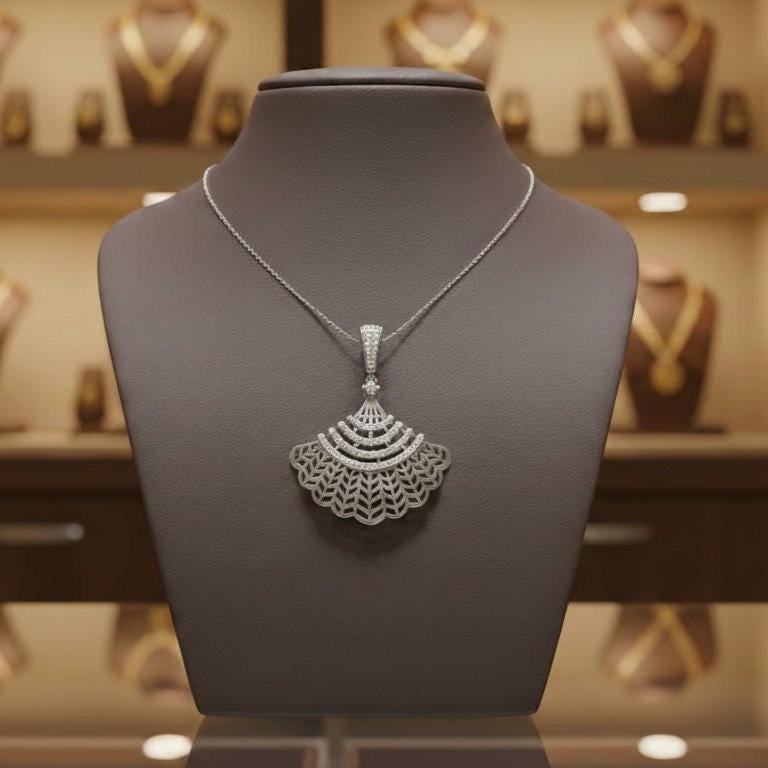 Moissanite Fan Pendant Necklace – Rose Gold Art Deco Style