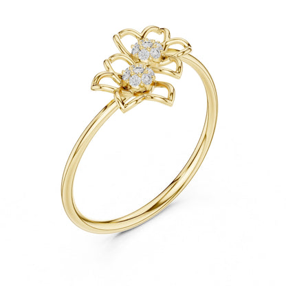 Riora double flower moissanite diamond ring in rose silver with floral vintage style, bridal promise band, elegant jewelry design