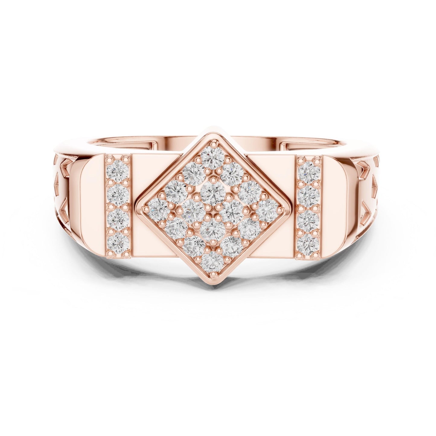 Elegant gold and rose moissanite diamond engagement ring with intricate band design, crafted by Riora for bridal jewelry.