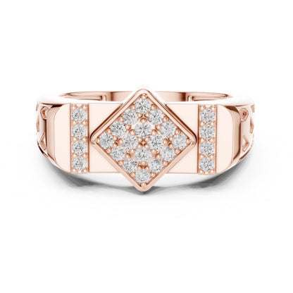 Elegant gold and rose moissanite diamond engagement ring with intricate band design, crafted by Riora for bridal jewelry.
