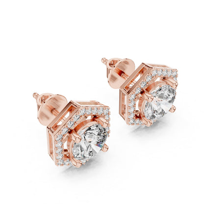 Riora hexagon moissanite diamond stud earrings in rose gold and silver, minimalist geometric design, dainty jewelry gift