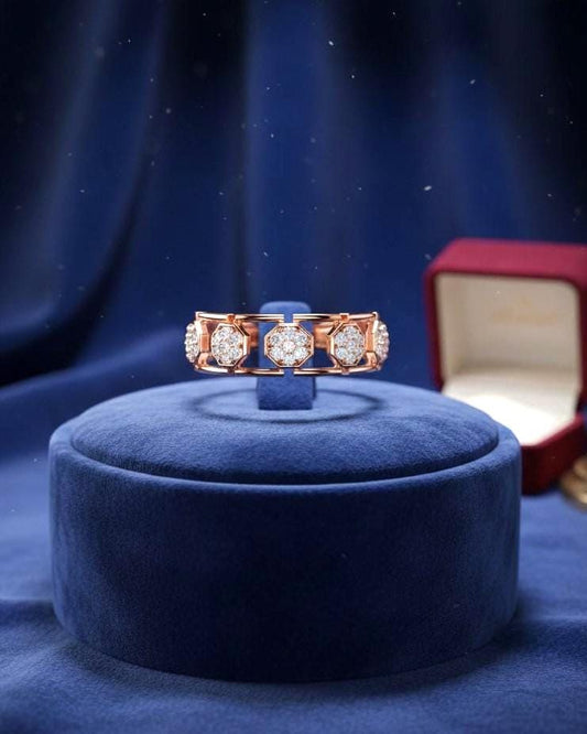 Riora cubic zirconia hexagon band ring for women in gold, rose gold, and silver, size 5-11, wedding and promise ring style.