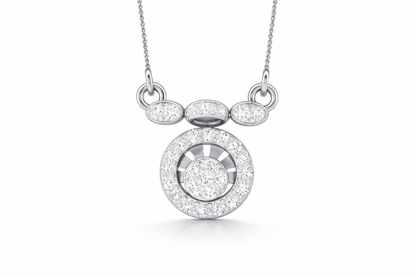 Riora Moissanite halo pendant necklace in rose gold, gold, and silver with adjustable chain, minimal bridal jewelry design.