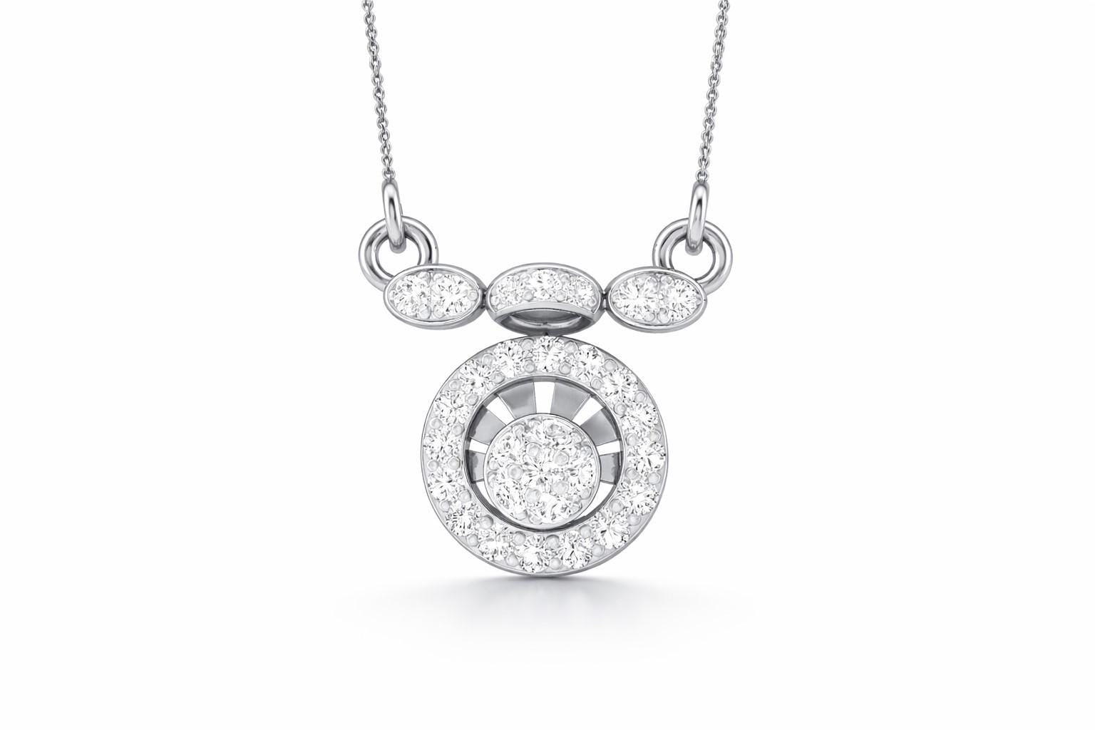 Riora Moissanite halo pendant necklace in rose gold, gold, and silver with adjustable chain, minimal bridal jewelry design.