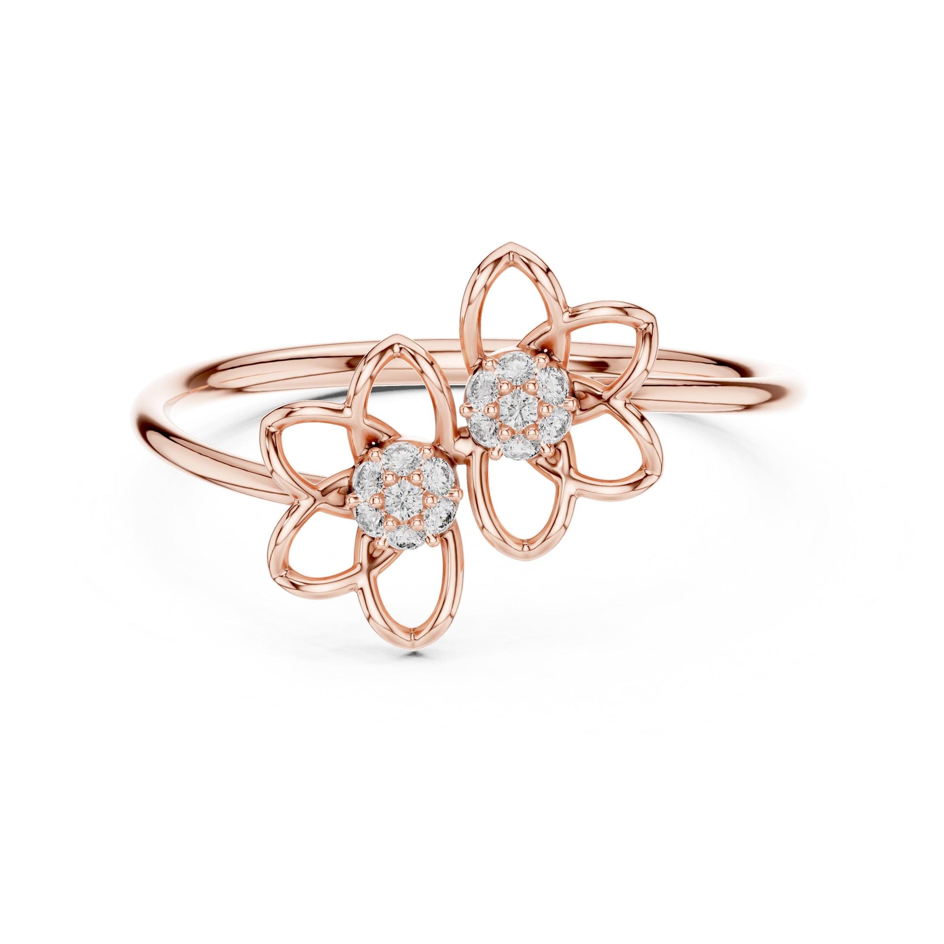 Riora double flower moissanite diamond ring featuring rose silver floral vintage style design, bridal promise band, bridal gift
