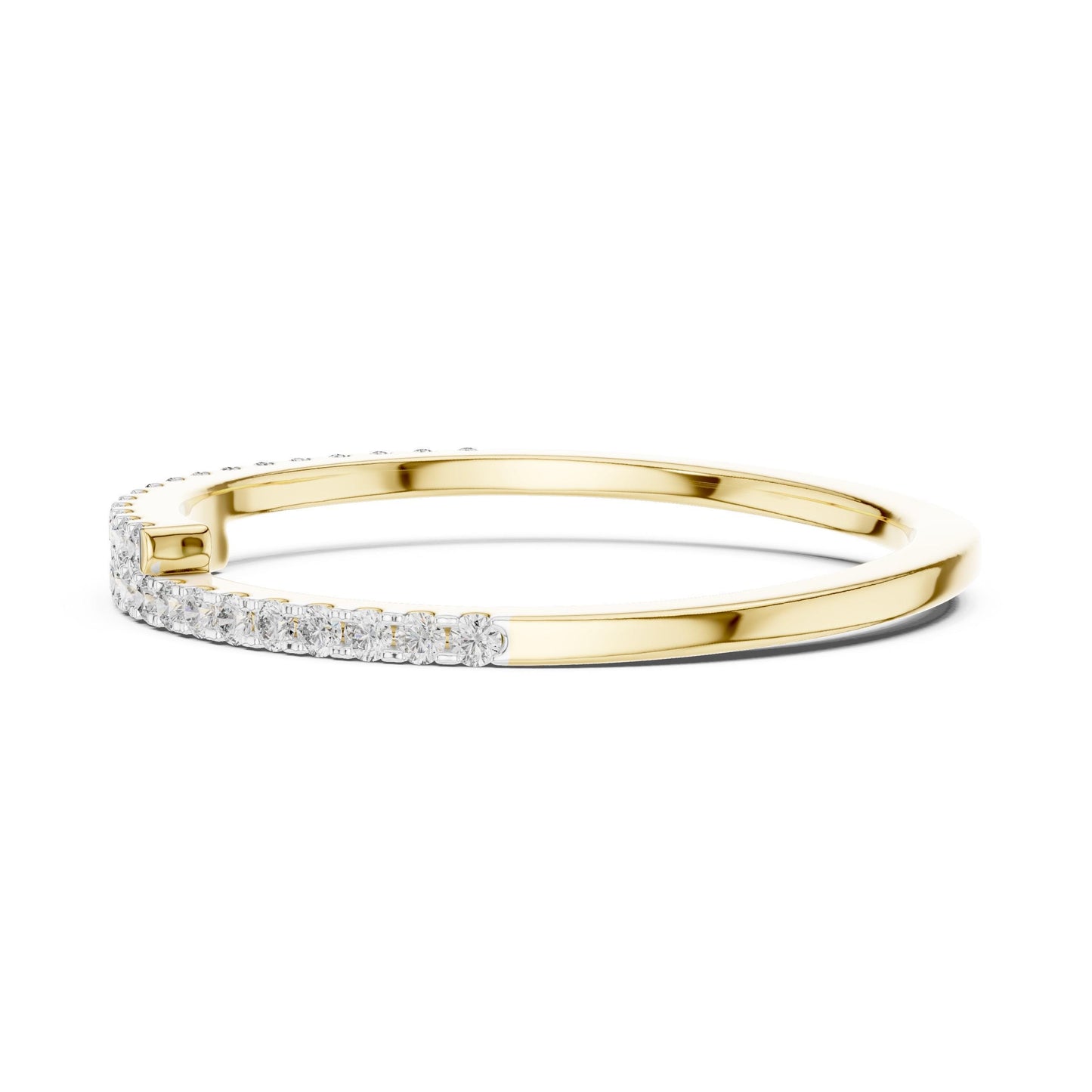 Riora rose gold moissanite curved wedding band with half eternity diamond-style stones, minimalist stacking ring design.
