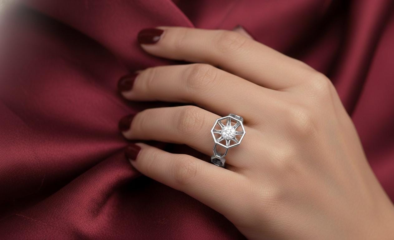Geometric Moissanite Ring | Hypoallergenic Floral Statement Ring | Gold Rose Gold Silver | Engagement & Valentine Gift
