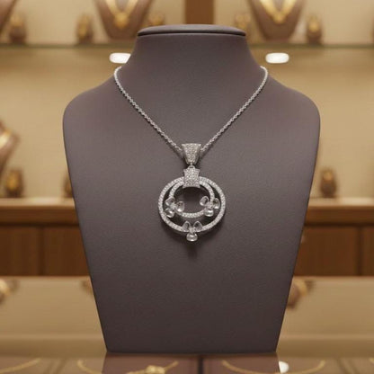 Circle Pendant Gold Rose Silver Jewelry, Floral Diamond Look Necklace, Valentine Gift for Her