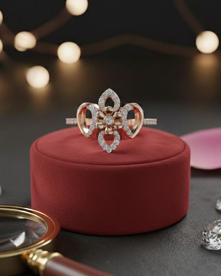 Rose gold floral moissanite diamond ring by Riora featuring vintage flower design, perfect as a statement engagement or bridal jewelry piece.
