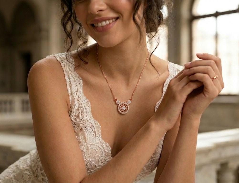 Riora rose gold moissanite floral pendant necklace with vintage flower design, elegant bridal jewelry for women