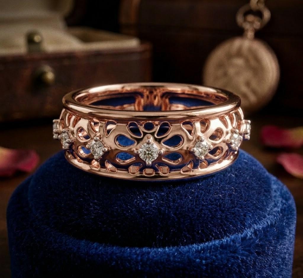 Riora vintage floral moissanite wedding band in rose gold with delicate diamond-style design, perfect for bridal stacking.