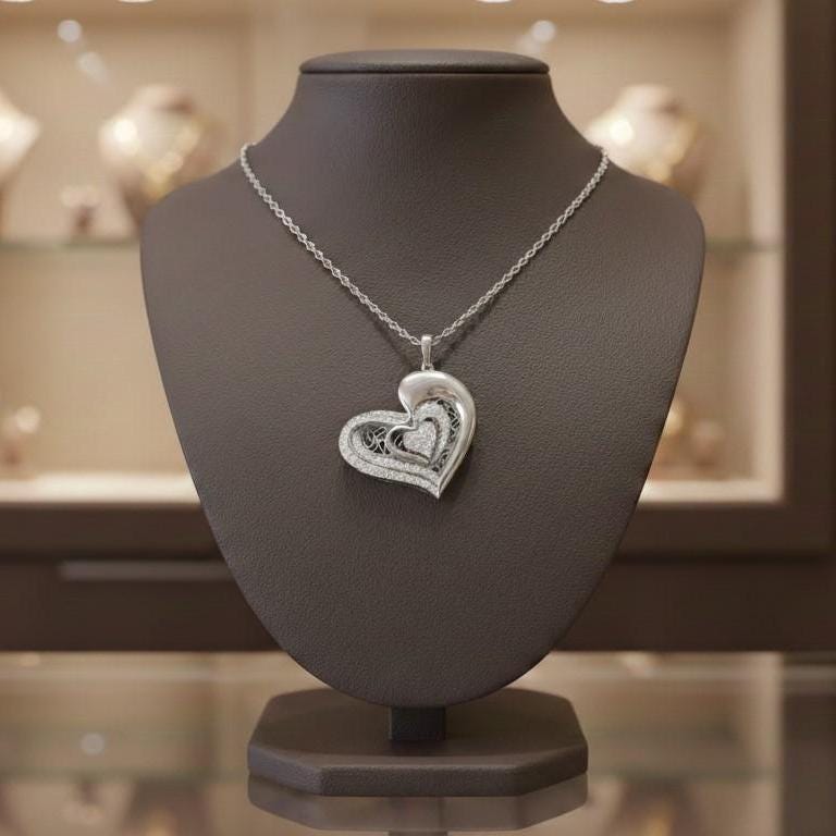 Moissanite Heart Pendant Necklace – Rose Gold Filigree, Adjustable Chain