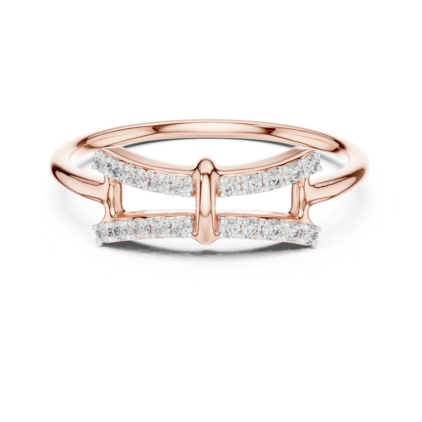 Riora moissanite bow ring with split band in rose gold, minimalist dainty wedding or promise jewelry with diamond-style sparkle