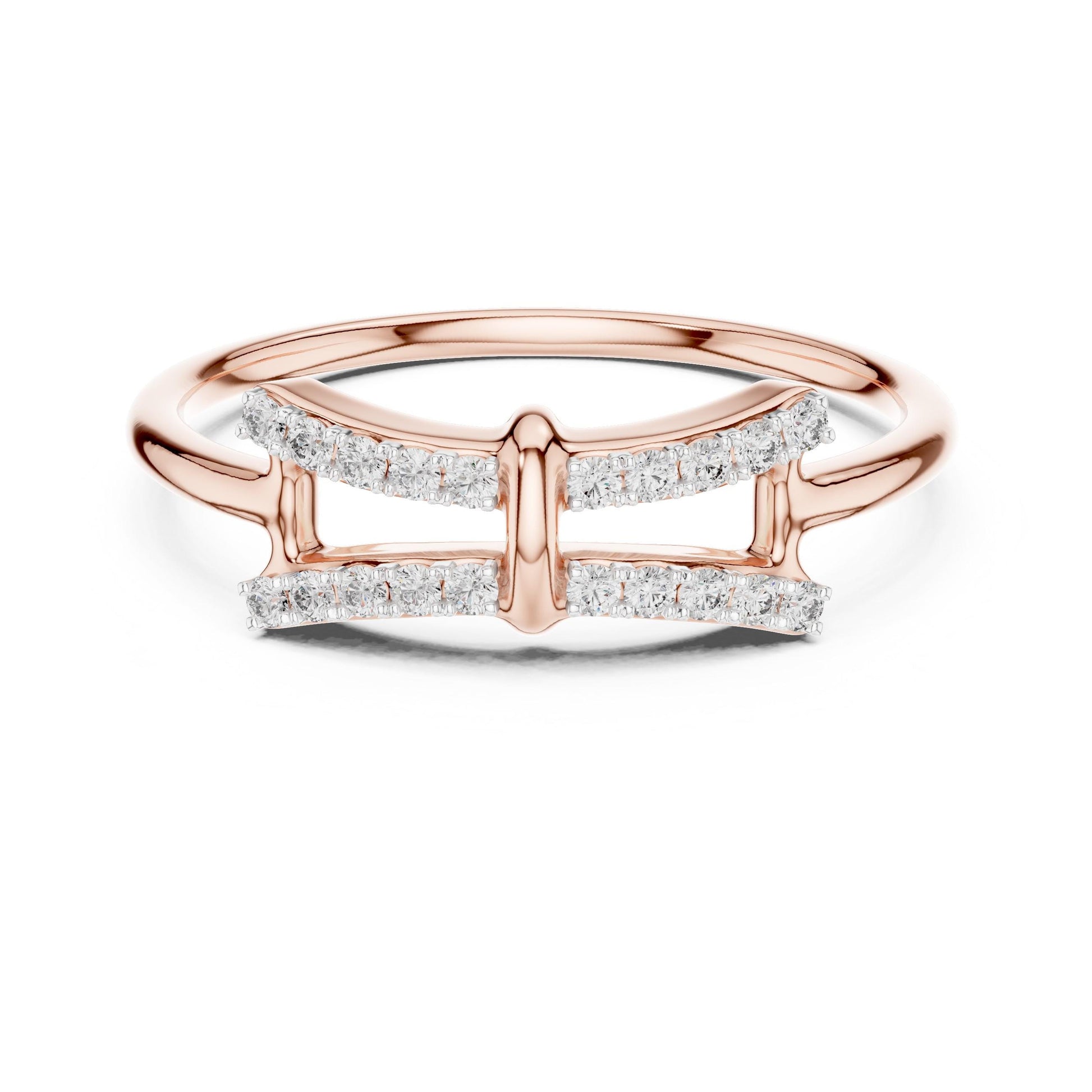 Riora moissanite bow ring with split band in rose gold, minimalist dainty wedding or promise jewelry with diamond-style sparkle