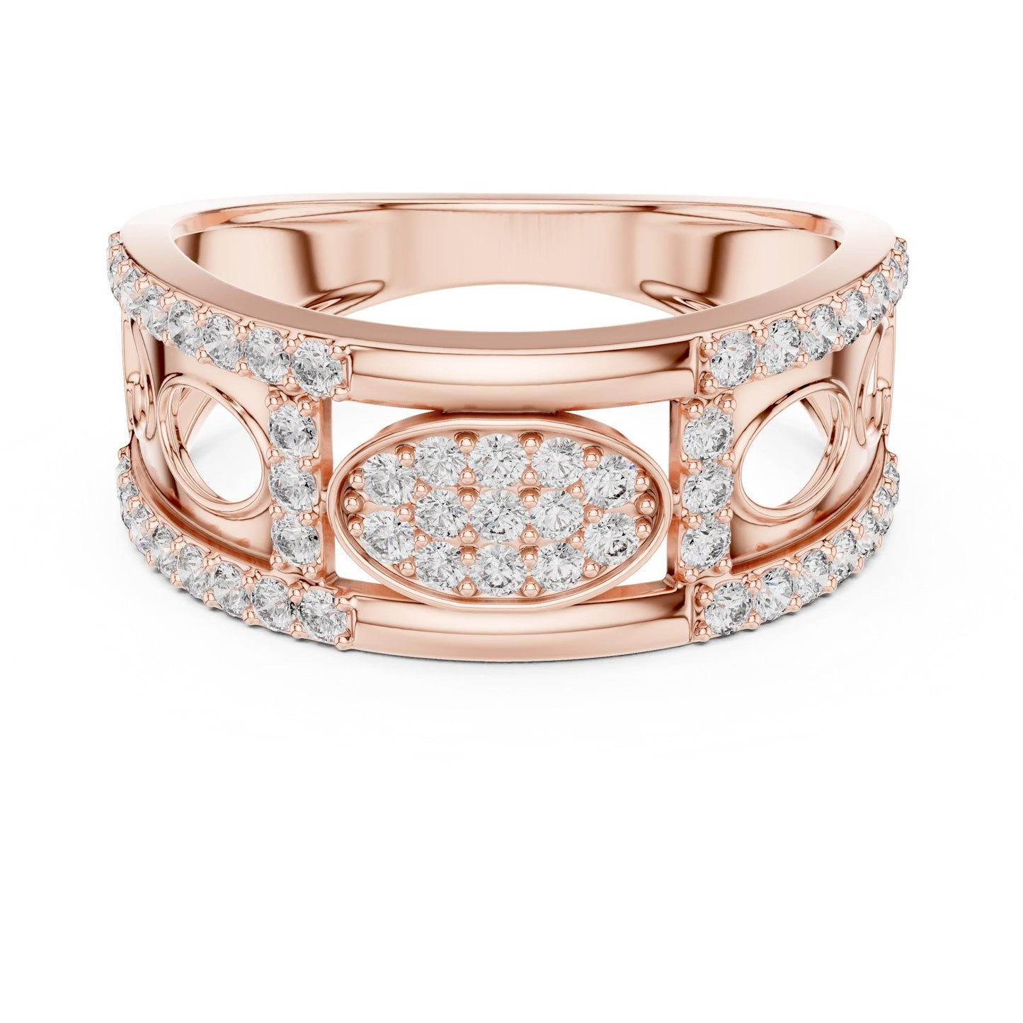 Riora wide CZ eternity band in gold rose silver with sparkling cubic zirconia stones, hypoallergenic statement ring.